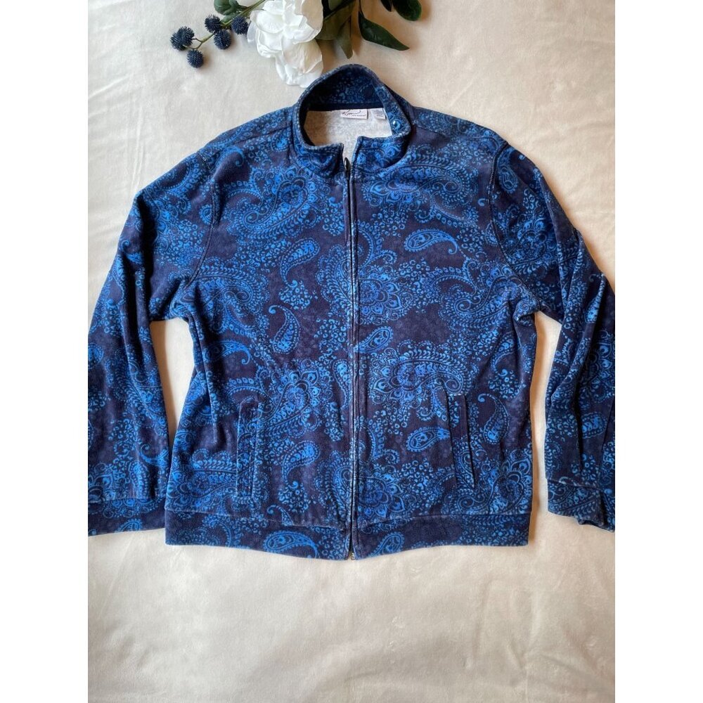Kim Rogers Womens Paisley Zip-Up soft warm  Jacket XL Blue & Black Grandmacore